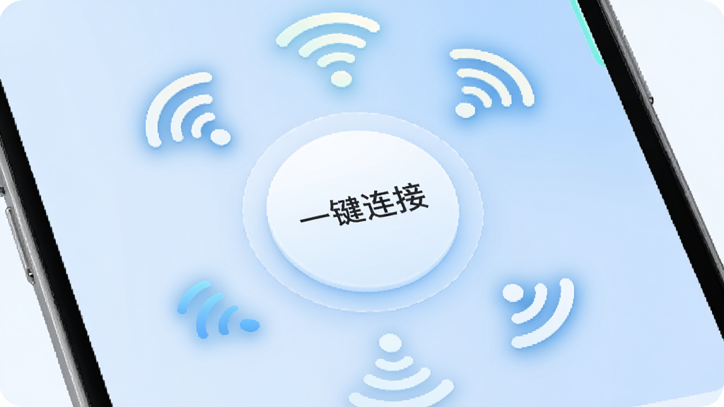 一个简洁的APP功能界面设计,展示“面米”的一键连接功能。画面中央是一个圆形的连接按钮,按钮上写着“一键连接”,周围围绕着几个WiFi信号图标,信号强的图标高亮显示,背景是淡蓝色的渐变,整体排版干净清爽,风格现代,细节圆润,画质高清,无多余元素。