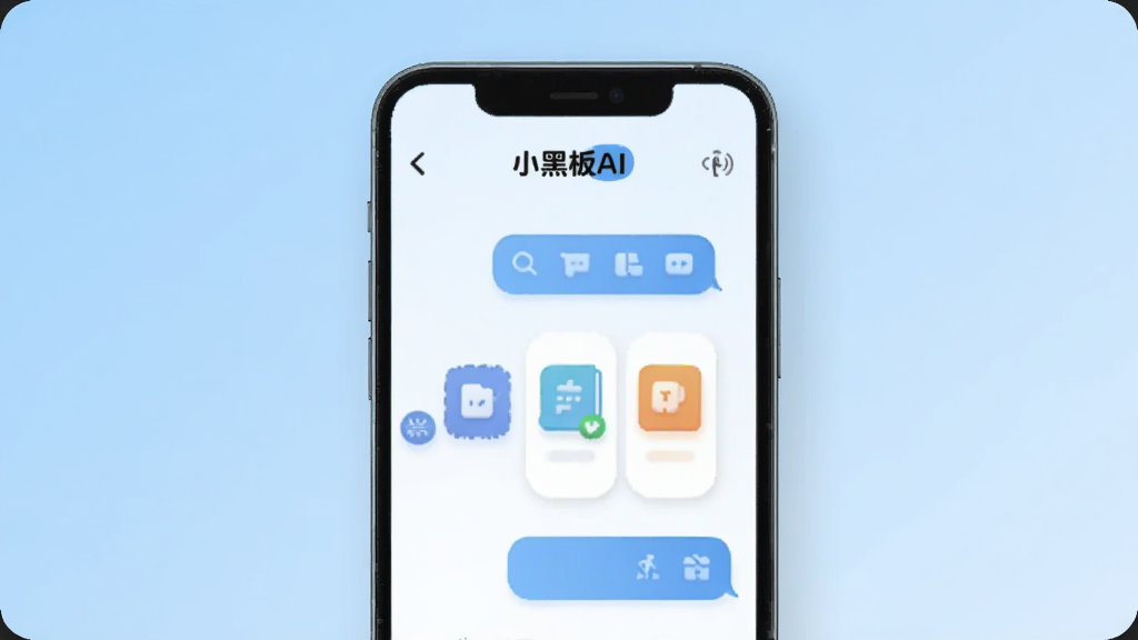 图片描述:一款名为“小黑板AI”的智能手机应用界面展示,手机屏幕占据画面中心,显示简洁的对话式AI交互界面,背景为干净的浅蓝色渐变,界面中有“小黑板AI”文字LOGO和几个功能图标卡片,整体风格现代扁平,细节圆润,画质干净无多余元素。