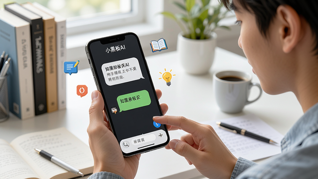 图片描述:一个年轻人正对着手机上的“小黑板AI”应用提问,手机屏幕显示对话框和文字气泡,旁边有知识图标和灯泡图标,背景是明亮的工作台,有书本和咖啡杯,风格写实明亮,细节丰富,画质干净。