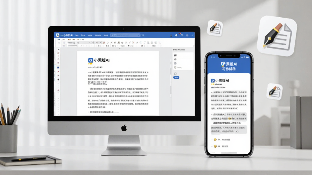 图片描述:电脑屏幕和手机屏幕并排展示“小黑板AI”的写作辅助功能,屏幕上有文档编辑界面和生成的文字内容,旁边有钢笔和纸张图标,背景是简洁的书桌,风格商务简洁,光影柔和,画质干净。