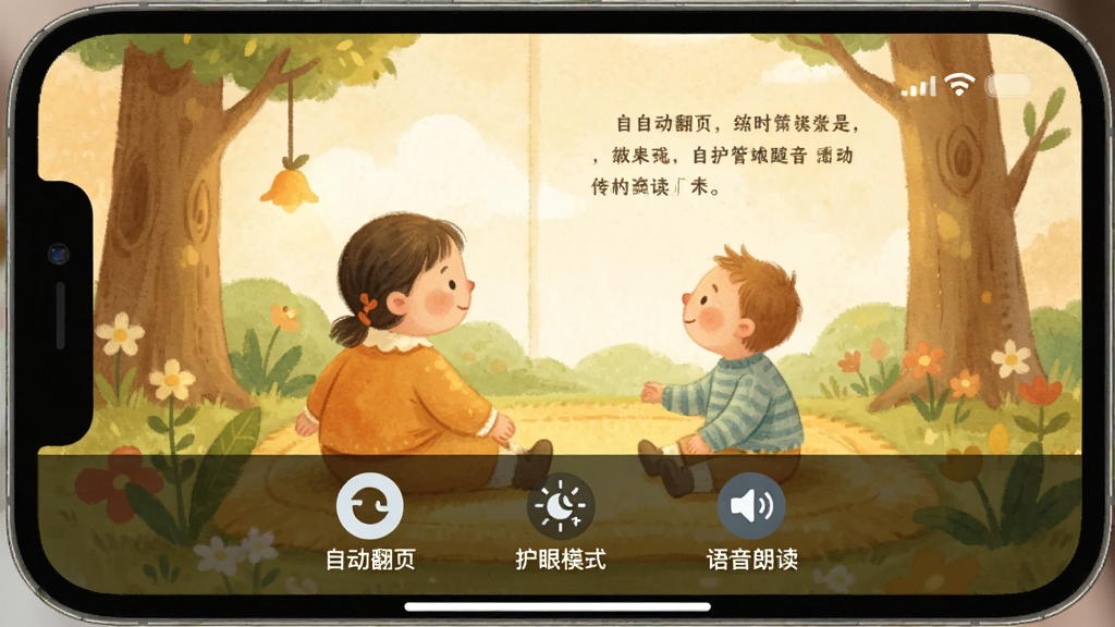 一张手机屏幕截图,正在阅读一本绘本,画面是温馨的插画,屏幕底部有“自动翻页”、“护眼模式”、“语音朗读”三个小图标,整体风格简约,画质干净
