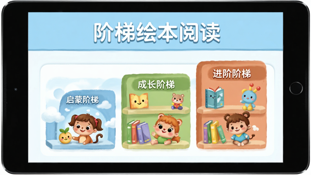 图片展示阶梯绘本阅读App在平板上的主界面,界面顶部写着“阶梯绘本阅读”字样,中间是分类书架,按“启蒙阶梯”、“成长阶梯”、“进阶阶梯”排列,色彩柔和明快,卡通风格,画面干净无多余元素