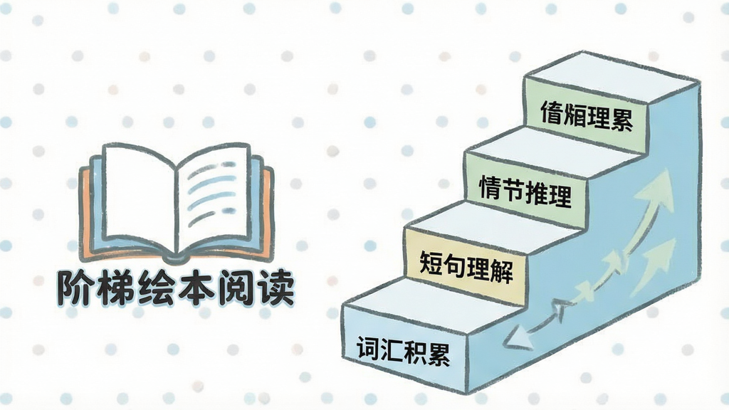 一张阶梯示意图,左侧是“阶梯绘本阅读”的Logo,右侧是一步步向上的台阶,每级台阶上标注着“词汇积累”、“短句理解”、“情节推理”等能力标签,风格简洁清晰,画质干净