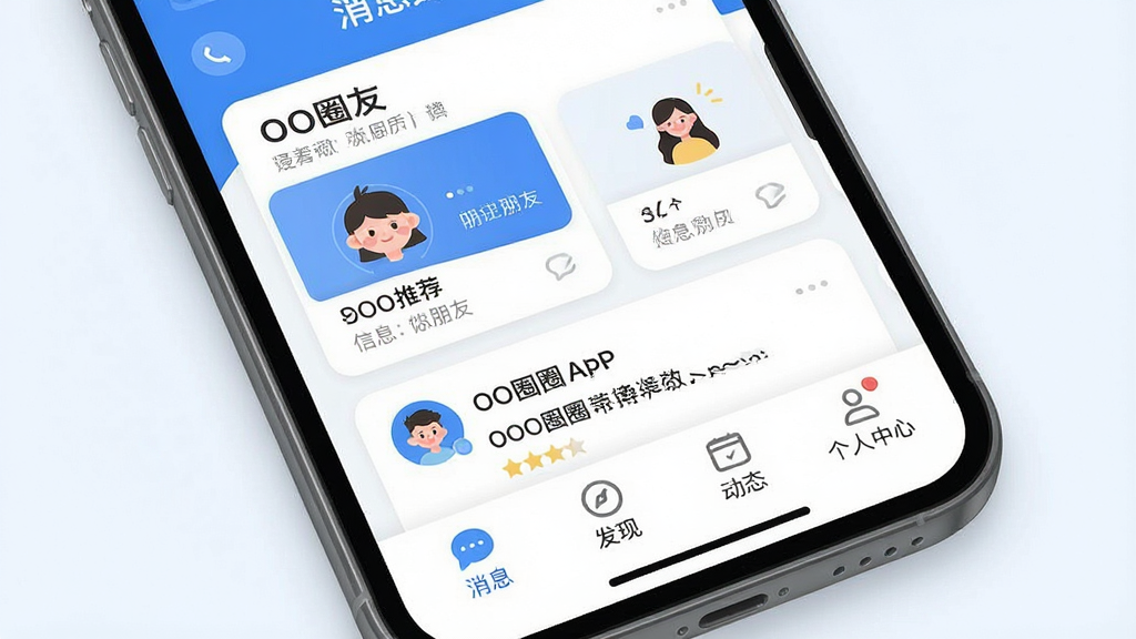 һ��չʾOOȦȦAPP���Ľ���ĸ������ͼ���������ֻ���Ļ�ڵ�Ӧ�������棬���ֲ��õײ���������ƣ���Ϊ��Ϣ�����֡���̬�͸��������ĸ�ѡ����м��ǿ�Ƭʽ�ĺ����Ƽ�������Ϣ���������Ű������죬����ִ���ƽ����������Ϊ��ɫ����ϸ��Բ�󣬻��ʸɾ��޶���Ԫ�أ�ͻ����OOȦȦ���������罻��Χ