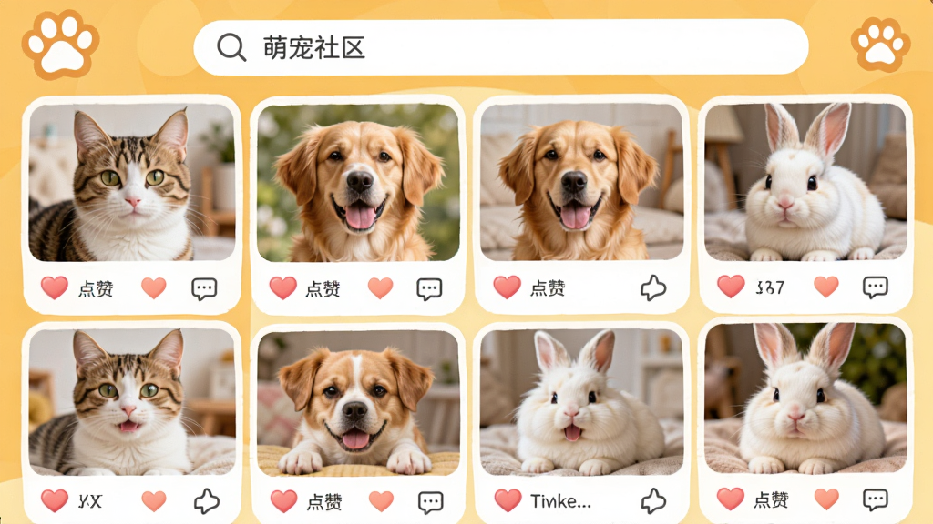 Ŵѩ����APP������ҳ�棬չʾ�û������ĳ�����Ƭǽ����è�䡢���������ӵȣ�ÿ����Ƭ�·��а��ĵ��޺�����ͼ�꣬����������д�š��ȳ��������������Ű�������£�ɫ����ů�����������ã������������޶���Ԫ�ء�