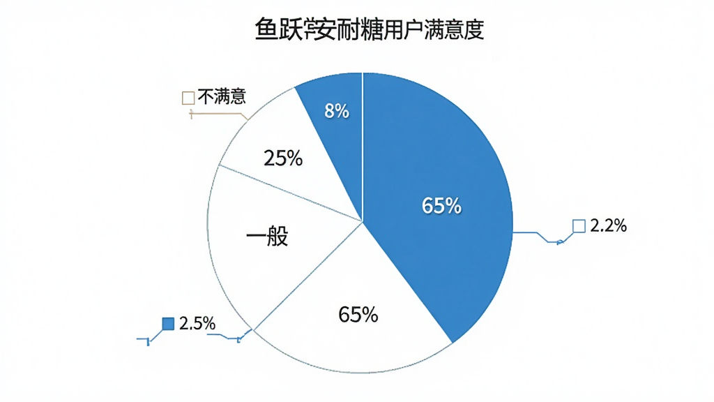 鱼跃安耐糖用户满意度饼状图,分为非常满意、满意、一般、不满意四个扇形区域,分别占比65%、25%、8%、2%,采用蓝白配色,风格简洁明了,画质干净无多余元素