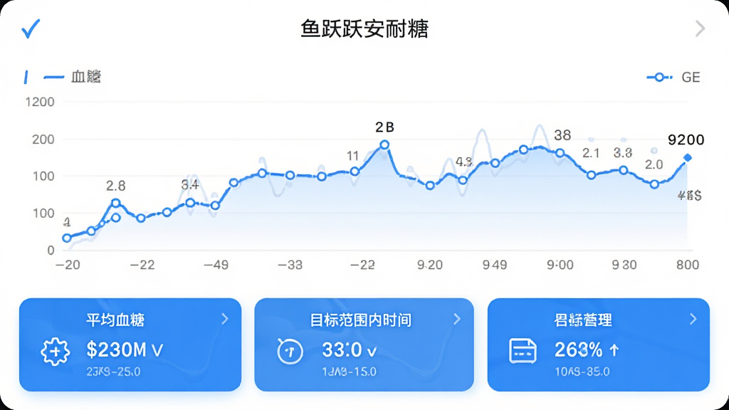鱼跃安耐糖app的趋势图表页面,展示一周血糖数据折线图,图表下方有数据统计卡片,包括平均血糖、目标范围内时间等指标,界面以白色为背景,蓝色线条,风格简洁清晰,画质干净无多余元素