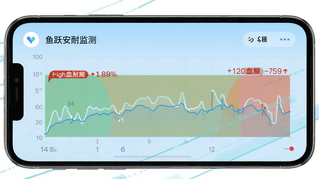 鱼跃安耐糖app的实时血糖监测页面,手机屏幕上显示动态血糖曲线,曲线平滑,标注高低血糖阈值区域,背景为浅蓝色,数据展示清晰,布局简洁,科技感强,画质干净无多余元素