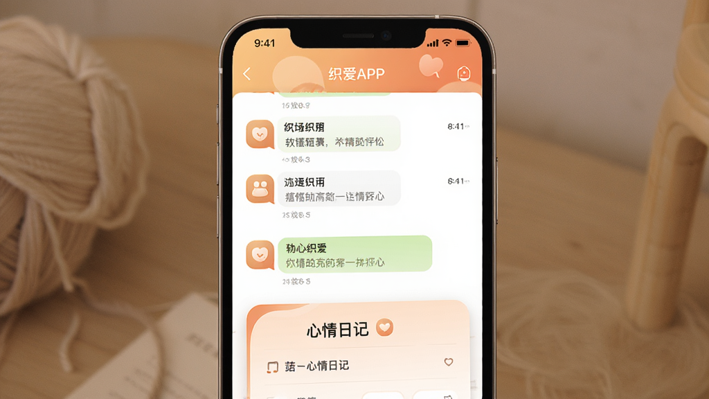 一张展示织爱APP主界面的高清截图,主体是手机屏幕,屏幕内显示织爱的聊天列表和心情日记功能,布局简洁,以暖色调为主,风格温馨治愈,细节包括圆润的图标和柔和的渐变背景,画质清晰干净,无多余元素。
