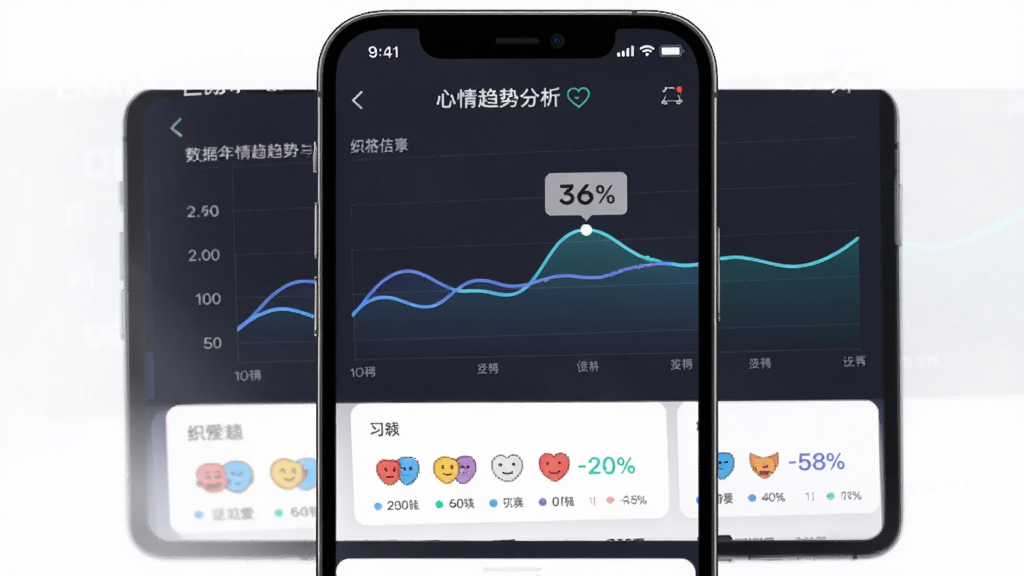 织爱APP心情趋势分析功能的截图,主体是手机屏幕,屏幕上是折线图和数据统计,布局清晰,风格现代,细节包括不同颜色的心情图标和百分比数据,画质干净无多余元素。