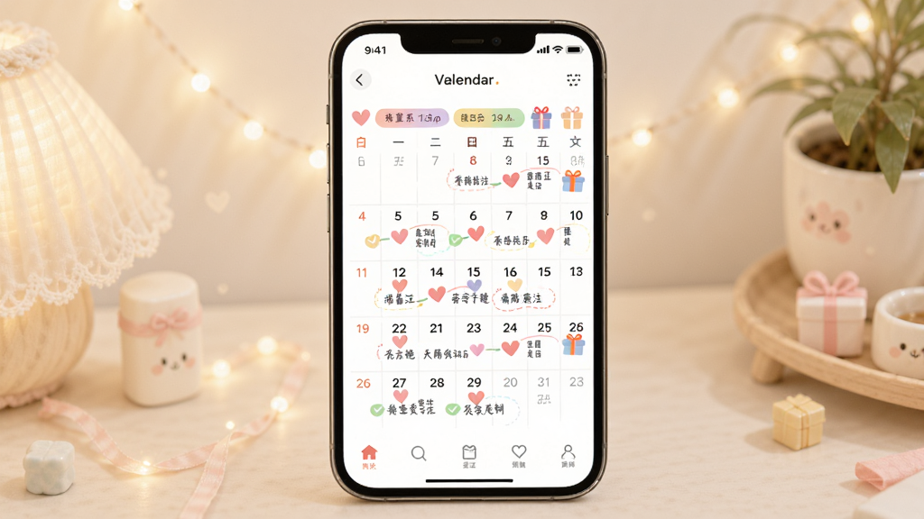 织爱APP关系日历功能的展示图,主体是手机屏幕,显示日历页面,上面有爱心标记和备注文字,布局为月视图,风格温馨可爱,细节包括彩色标签和礼物图标,画质干净无多余元素。