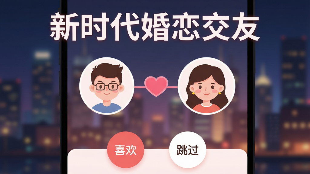 图片生成提示词:主体为“新时代婚恋交友”APP的匹配功能页面,屏幕内展示两位卡通人物头像通过一条粉色爱心连线连接,背景为模糊的城市夜景,界面下方有“喜欢”和“跳过”两个圆形按钮,整体风格温馨浪漫,扁平化设计,画质干净,突出软件名称“新时代婚恋交友”文字。