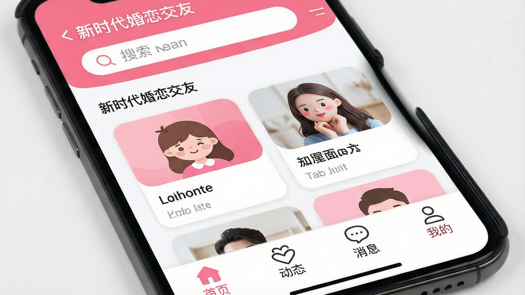 图片生成提示词:主体为一部智能手机屏幕特写,屏幕内显示“新时代婚恋交友”APP主界面,界面布局为顶部搜索栏、中间双列卡片式用户推荐流、底部导航栏(首页、动态、消息、我的),整体风格扁平化设计,以粉色和白色为主色调,图标圆润可爱,画质清晰干净,无多余元素,突出软件名称“新时代婚恋交友”文字。