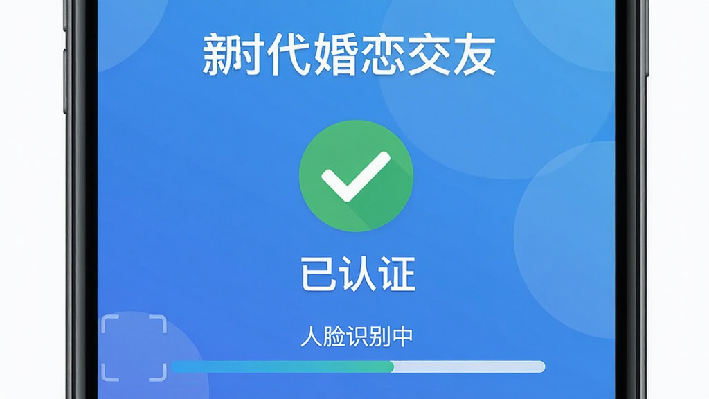 图片生成提示词:主体为“新时代婚恋交友”APP的实名认证界面,屏幕内展示一个绿色对勾图标和“已认证”字样,背景为简约的蓝色渐变,下方有“人脸识别中”的进度条,整体风格简洁专业,扁平化设计,画质干净,突出软件名称“新时代婚恋交友”文字。