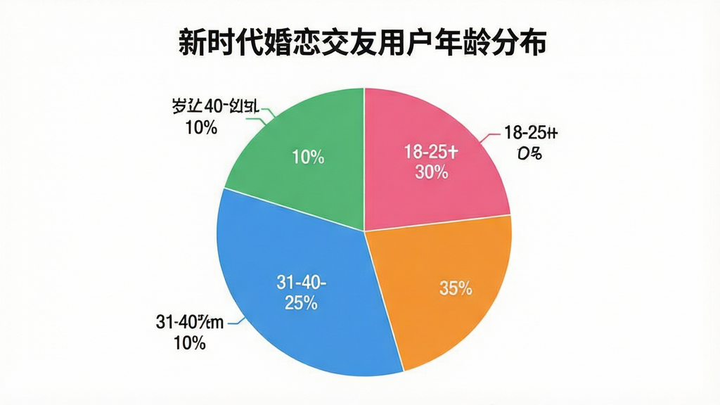图片生成提示词:主体为一个饼状图,标题为“新时代婚恋交友用户年龄分布”,图表分为四块,分别标注18-25岁占30%,26-30岁占35%,31-40岁占25%,40岁以上占10%,颜色分别为粉色、橙色、蓝色、绿色,背景为白色,整体风格简洁明了,扁平化设计,画质干净,突出软件名称“新时代婚恋交友”文字。