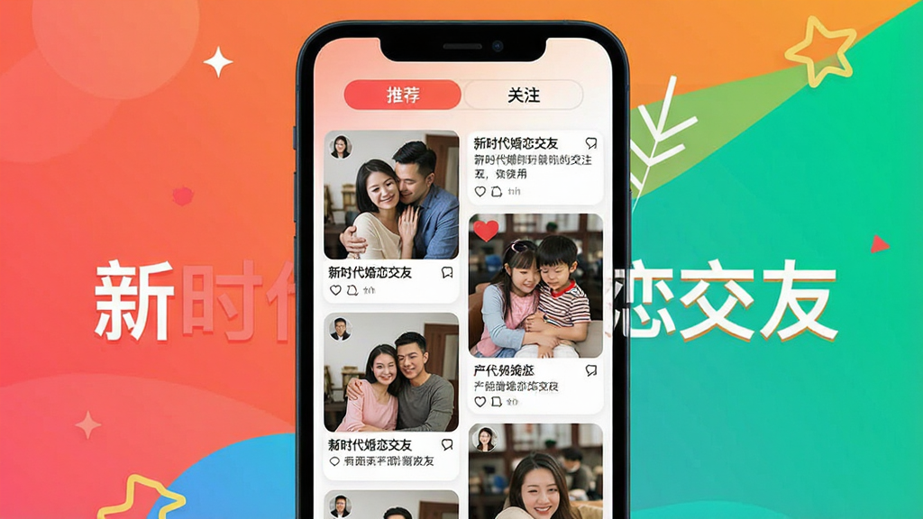 图片生成提示词:主体为“新时代婚恋交友”APP的动态广场页面,屏幕内展示多张用户发布的照片和文字内容,布局为瀑布流式,顶部有“推荐”和“关注”两个标签,整体风格活泼明快,扁平化设计,画质干净,突出软件名称“新时代婚恋交友”文字。