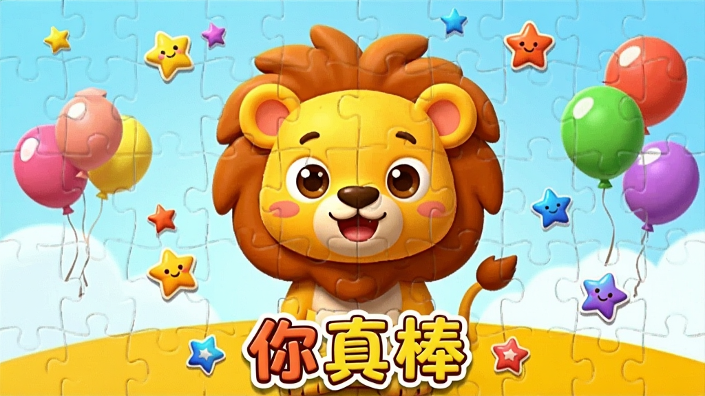 一张拼图完成后的庆祝画面,屏幕中央是完整的卡通小狮子图案,周围飘散着彩色星星和气球,底部有“你真棒”的中文文字,整体风格明亮活泼,卡通渲染,画质干净无多余元素