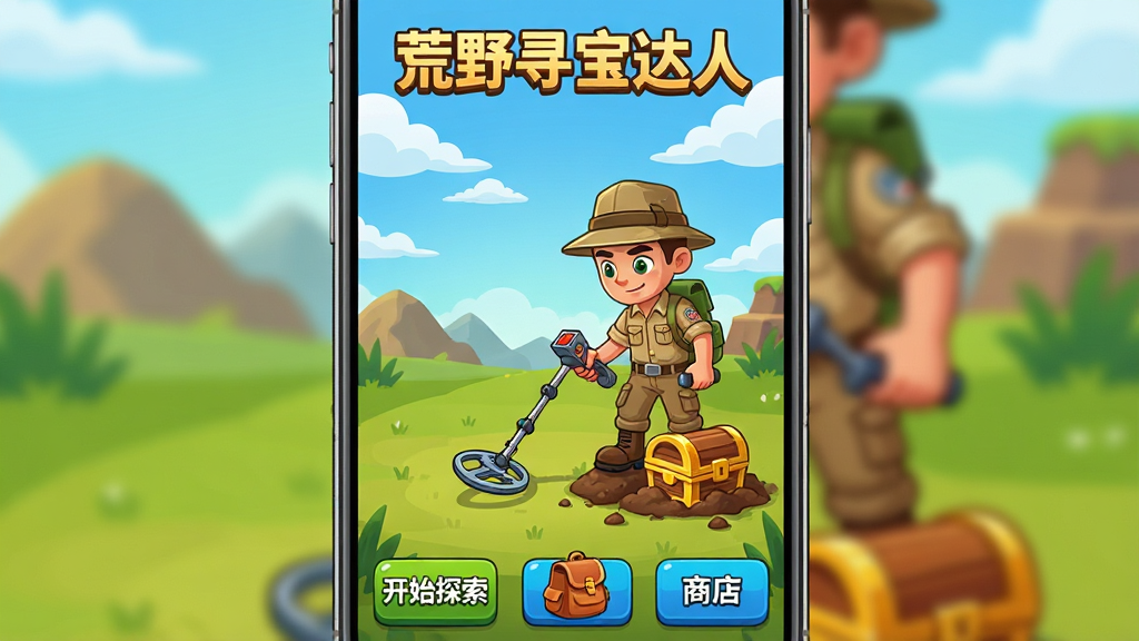 一张竖版手机游戏宣传图,主体是“荒野寻宝达人”的游戏主界面,画面上方是蓝天白云下的荒野丘陵,中间一个穿着户外服的卡通角色手持金属探测器正在扫描地面,脚下泥土中露出宝箱一角,画面下方是简洁的功能按钮,包括“开始探索”、“背包”、“商店”,整体风格明亮卡通,细节丰富,画质干净无多余元素。