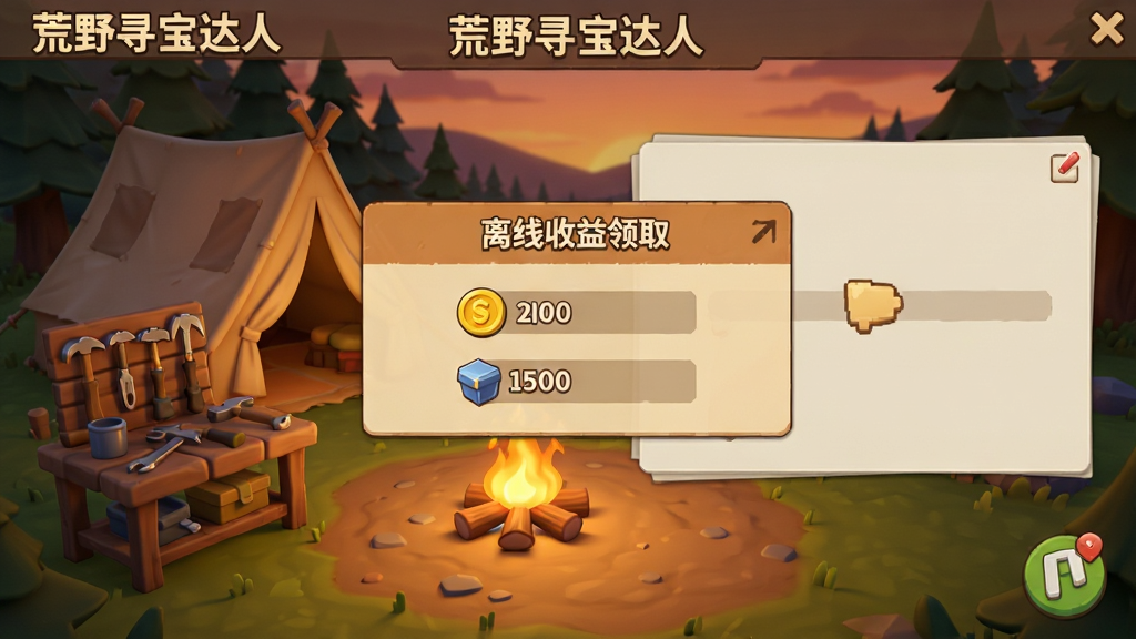 一张游戏营地界面图,主体是“荒野寻宝达人”的营地场景,画面中一个帐篷前燃着篝火,旁边放着工作台和整理好的工具,屏幕中央弹出“离线收益领取”弹窗,显示金币和经验数值,整体风格温馨,黄昏色调,细节丰富,画质干净无多余元素。