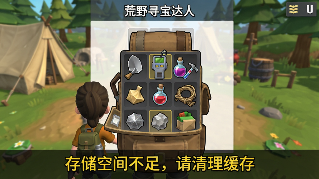 一张游戏内提示截图,主体是“荒野寻宝达人”的背包界面,画面中一个虚拟角色站在营地中,打开背包,里面有各种工具和材料,包括铲子、探测器、药水、绳索等,屏幕下方有一行黄色字体提示“存储空间不足,请清理缓存”,整体风格简洁,UI清晰,画质干净无多余元素。