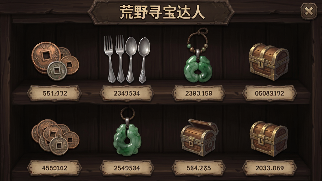 一张游戏藏品图鉴界面图,主体是“荒野寻宝达人”的仓库收藏页面,背景是深色木质货架,上面整齐摆放着各种做旧处理的宝藏,包括铜币、银质餐具、翡翠挂坠等,每个物品下方都有名称和年代标签,画面光线柔和,质感细腻,画质干净无多余元素。