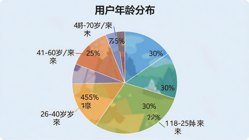 一张用户评价数据统计图,主体是圆形饼状图,显示“荒野寻宝达人”用户年龄分布,18-25岁占30%,26-40岁占45%,41-60岁占25%,图表背景是淡蓝色,标题为“用户年龄分布”,数据标签清晰,画质干净无多余元素。