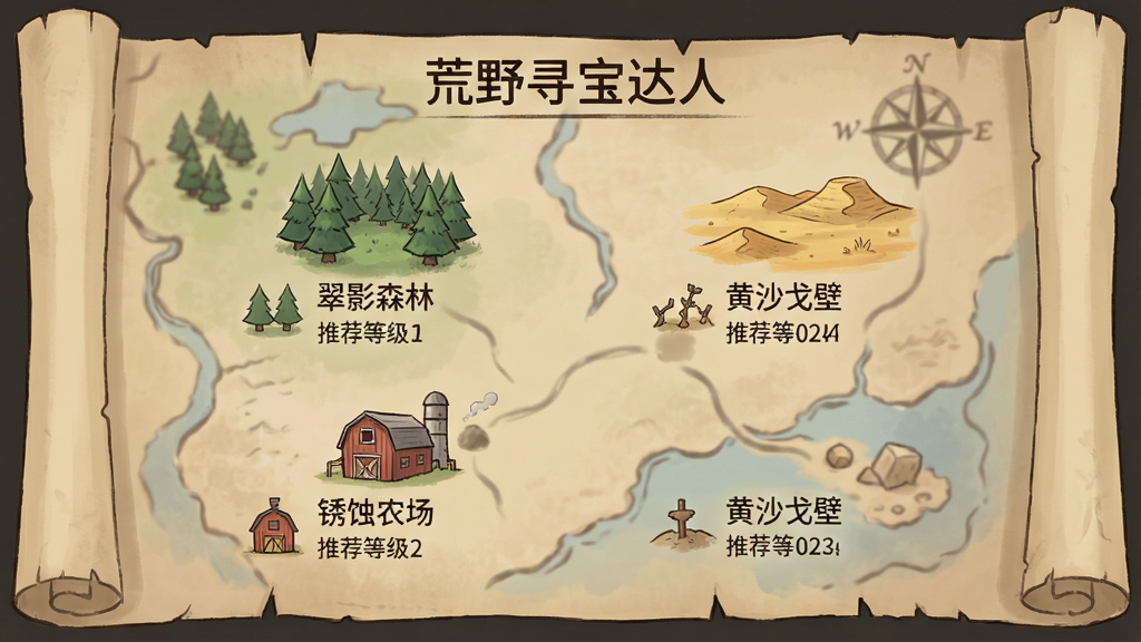 一张游戏地图选择界面图,主体是“荒野寻宝达人”的地图列表,背景是展开的羊皮纸风格地图,上面标注着“翠影森林”、“黄沙戈壁”、“锈蚀农场”等地点,每个地点都有小图标和推荐等级,整体风格复古手绘,色调柔和,布局清晰,画质干净无多余元素。