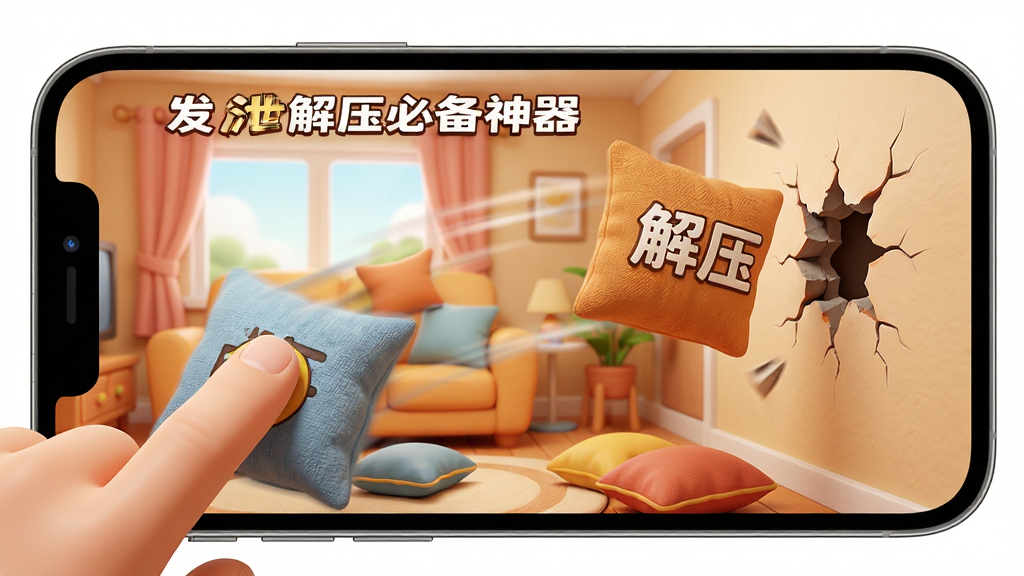 主体:手机横屏显示“发泄解压必备神器”的游戏画面,画面中是一个虚拟的客厅场景,用户手指正在滑动屏幕将一个抱枕扔向墙壁。布局:左侧是用户的操作手指,右侧是飞出的抱枕和墙面,墙面有凹陷痕迹,地上散落着其他抱枕。排版:画面动态感强,有运动模糊效果,抱枕上有“解压”字样。风格:3D卡通渲染风格,色彩明亮温暖,细节丰富。细节:抱枕的纹理清晰,墙面凹陷处有裂纹,环境光柔和。画质:高清,干净,无多余元素。