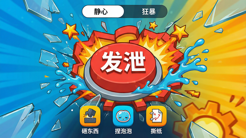 主体:一款名为“发泄解压必备神器”的手机软件界面,界面中央是一个巨大的红色按钮,周围环绕着破碎的玻璃、飞溅的水花和爆炸的星星特效,整体动感十足。布局:主视觉居中,按钮下方排列着“砸东西”、“捏泡泡”、“撕纸”等几个功能图标,顶部有“静心”和“狂暴”两种模式切换滑块。排版:简洁明快,图标采用扁平化设计,颜色鲜艳对比强烈。风格:现代潮流插画风,带有夸张的漫画式表现手法,视觉冲击力强。细节:按钮上带有“发泄”字样,爆炸特效有立体层次感,每个功能图标下都有中文标签。画质:高清,干净,无多余元素。