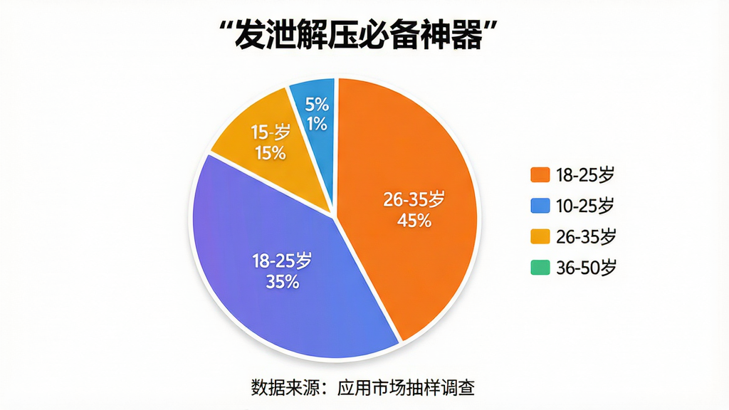 主体:一张饼状图,展示“发泄解压必备神器”用户年龄占比,分为18-25岁(35%)、26-35岁(45%)、36-50岁(15%)、50岁以上(5%)。布局:饼状图居中,每个扇区用不同颜色区分,旁边有图例标注。排版:简洁清晰,数字标注在扇区上。风格:现代数据可视化风格,色彩鲜艳。细节:每个扇区边缘有白色描边,图表下方有“数据来源:应用市场抽样调查”字样。画质:高清,干净,无多余元素。