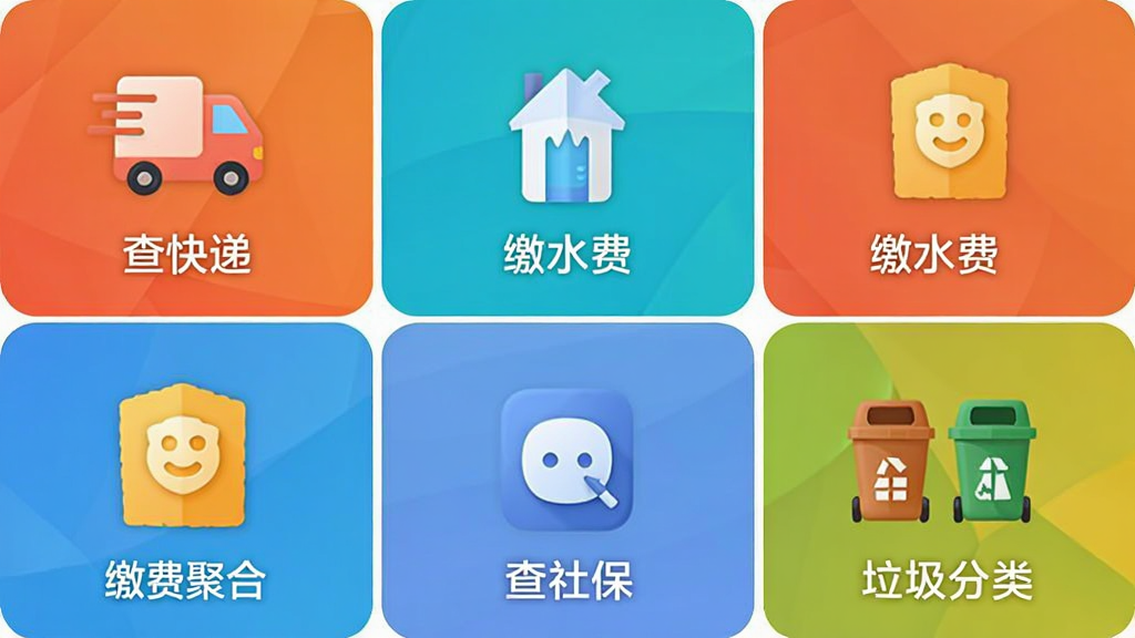 չʾ������APP�Ĺ��ܾۺ�ҳ�棬�����Ϊ�������ÿ����������һ����ɫͼ������ֱ�ǩ���硰���ݡ�������ˮ�ѡ��������籣�������������ࡱ�������Ű����룬ɫ����������ƽ����񣬻��ʸɾ����޶���Ԫ�ء�