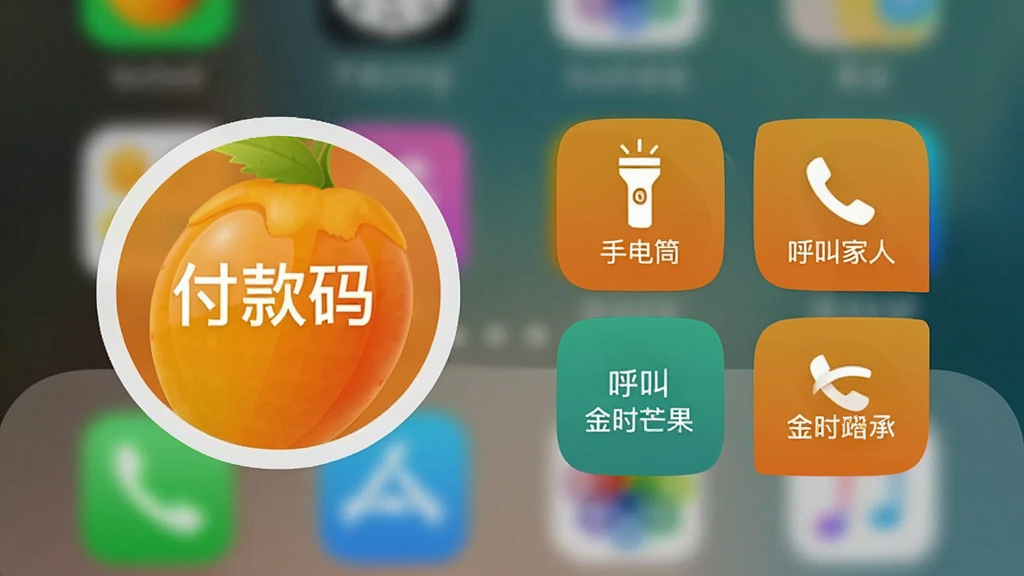 手机桌面截图,显示“金芒果”App的桌面小组件,有圆形和方形按钮,上面分别写着“付款码”、“手电筒”、“呼叫家人”等文字,背景是模糊的桌面壁纸,组件风格简洁,细节清晰,画质干净,无多余元素