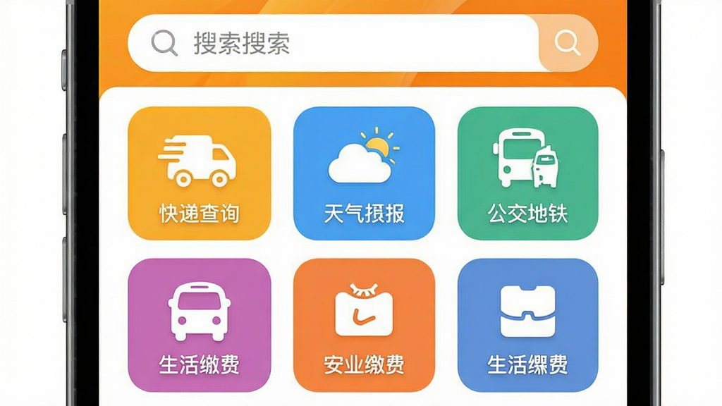 手机界面截图风格,展示“金芒果”App首页,顶部是搜索栏,下方整齐排列着快递查询、天气预报、公交地铁、生活缴费等彩色图标模块,布局简洁,风格扁平化,细节圆润,画质干净,无多余元素