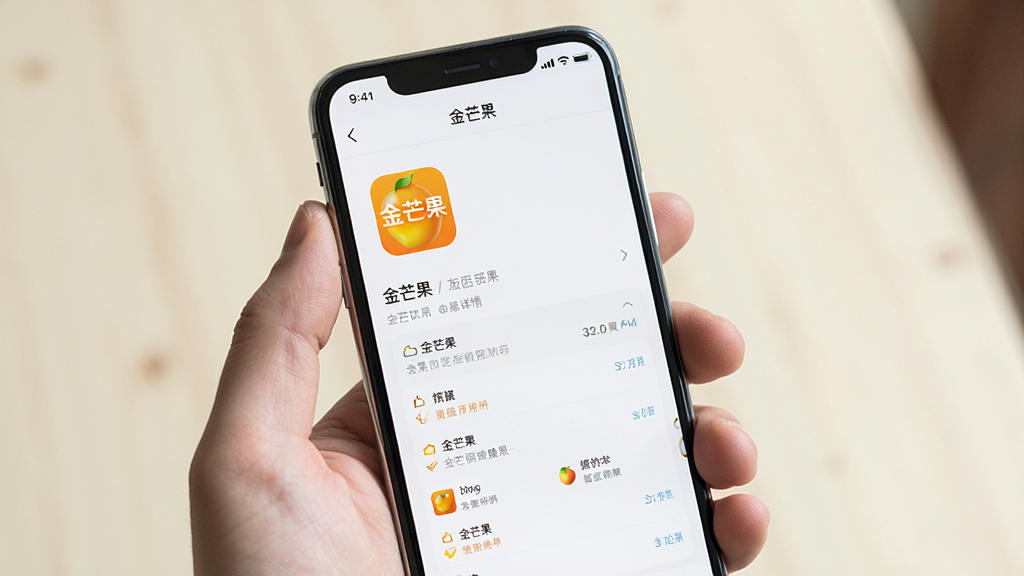 一部手机握在手中,屏幕显示“金芒果”App的信息详情页,页面干净无广告横幅,背景为浅色,整体观感清爽舒适,布局简洁,风格自然,细节真实,画质高清,无多余元素