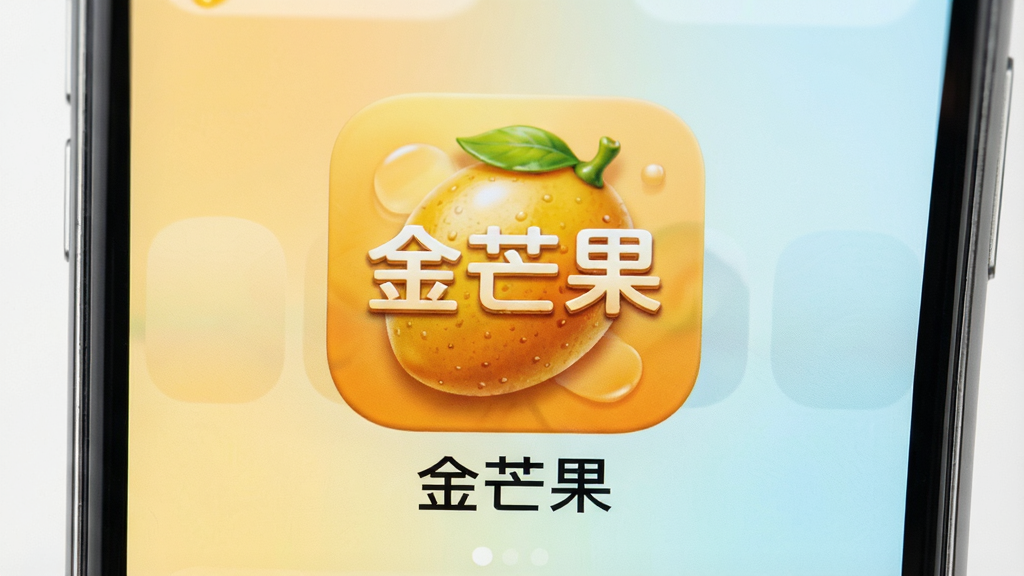 一张智能手机屏幕的特写,屏幕中央显示“金芒果”App的图标和名称,背景是简洁的渐变色,整体风格干净明亮,布局居中,图标设计圆润有质感,细节清晰,画质高清,无多余元素