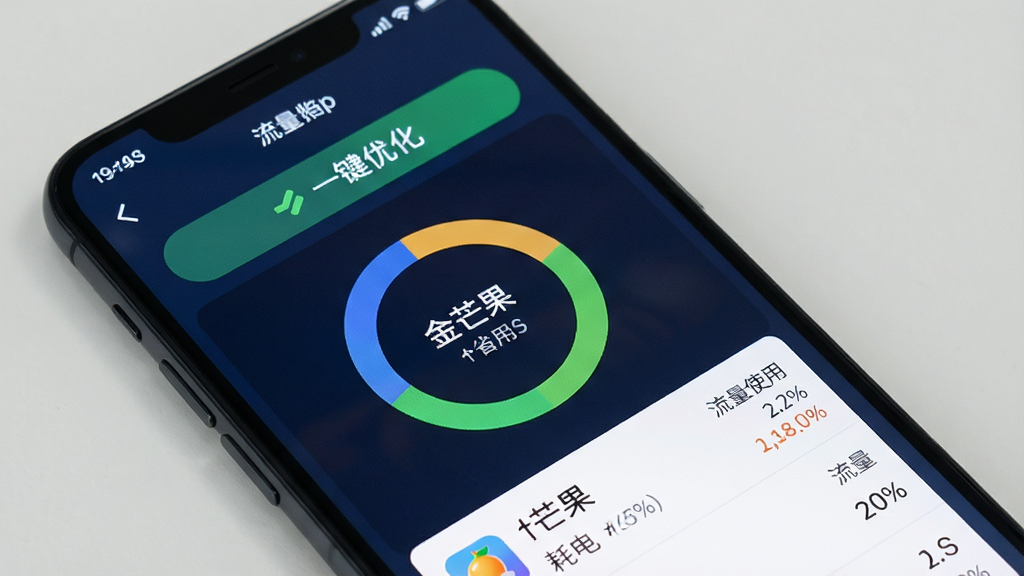 手机屏幕显示“金芒果”App的省电与流量监控页面,界面中有环形图表和列表,显示各应用耗电比例与流量使用数据,顶部有“一键优化”按钮,风格简洁,数据可视化清晰,画质干净,无多余元素