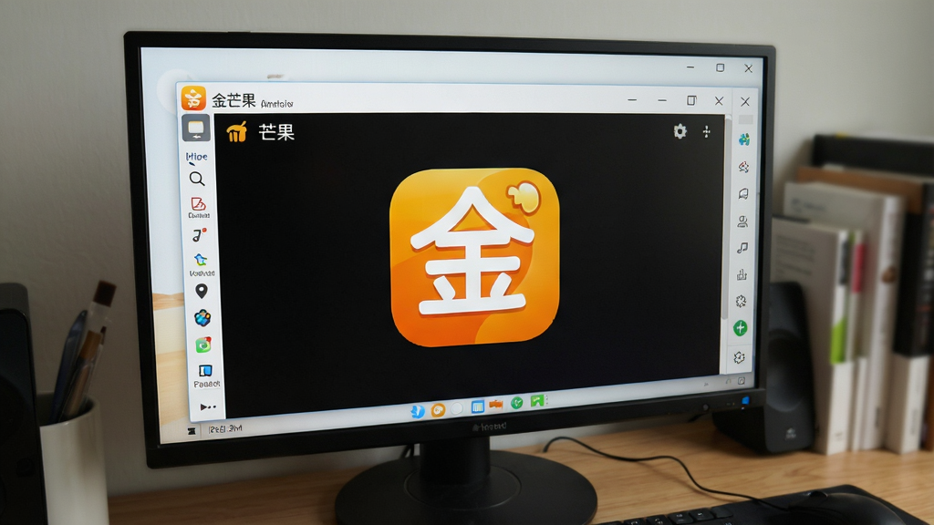 一张电脑屏幕的图片,屏幕上显示安卓模拟器运行“金芒果”App的界面,背景是书桌,整体风格写实,布局主体为模拟器窗口,细节清晰,画质干净,无多余元素