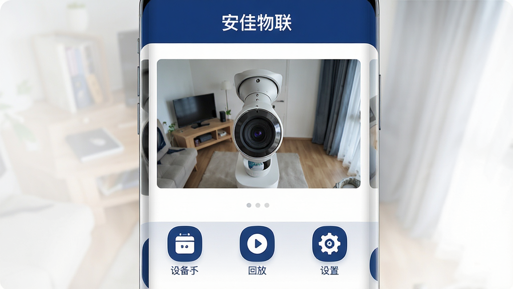 一张展示安佳物联App主界面的高清截图,界面以深蓝色和白色为主色调,顶部显示“安佳物联”字样,中间是摄像头实时预览画面,底部有设备列表、回放、设置等图标,布局简洁,图标圆润,整体风格现代扁平,细节清晰,画质干净,无多余元素