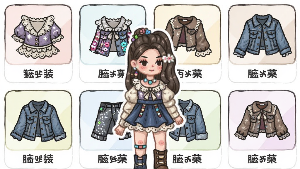 疯狂潮装游戏内服饰搭配界面的特写,主体是多个服饰图标围绕着一个穿着完整搭配的模特,布局采用网格状排列,排版清晰展示每件物品的样式和名称,风格是可爱的手绘风,细节有蕾丝、亮片和牛仔布纹理,画质干净无多余元素