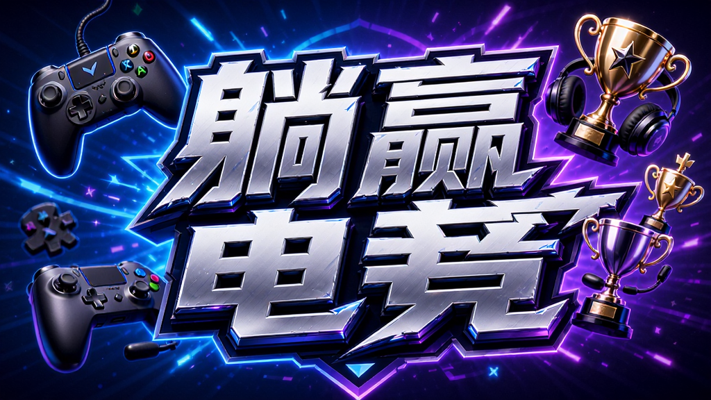 画面中心是“躺赢电竞”四个大字,采用电竞风格的立体金属质感,背景是炫酷的蓝紫色渐变光效,周围有游戏手柄、耳机、奖杯等元素环绕,整体布局饱满,风格现代潮流,细节丰富,画质高清干净,无多余元素。