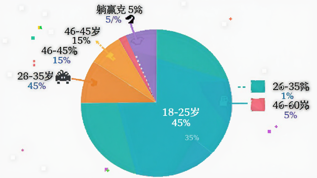 饼状图,展示躺赢电竞用户年龄分布,18-25岁占45%,26-35岁占35%,36-45岁占15%,46-60岁占5%,色彩鲜艳,标注清晰,背景简洁,画质干净无多余元素。