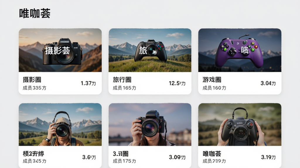 唯咖荟的社群页面展示多个兴趣圈子,每个圈子有醒目的封面图和成员数量,包括摄影圈、旅行圈、游戏圈等,卡片式布局,背景为淡灰色,风格清晰美观,画质干净无多余元素。