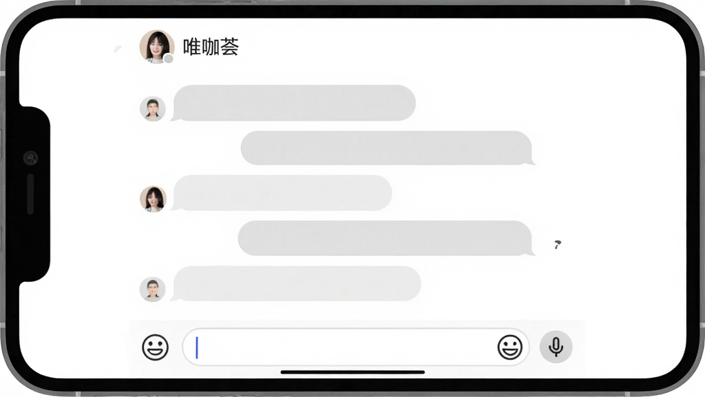 唯咖荟聊天界面干净整洁,没有广告插屏,对话气泡采用圆角设计,浅灰色和白色相间,顶部显示联系人名称,底部输入框带有表情和语音图标,背景为纯白色,整体风格扁平简洁,画质干净无多余元素。
