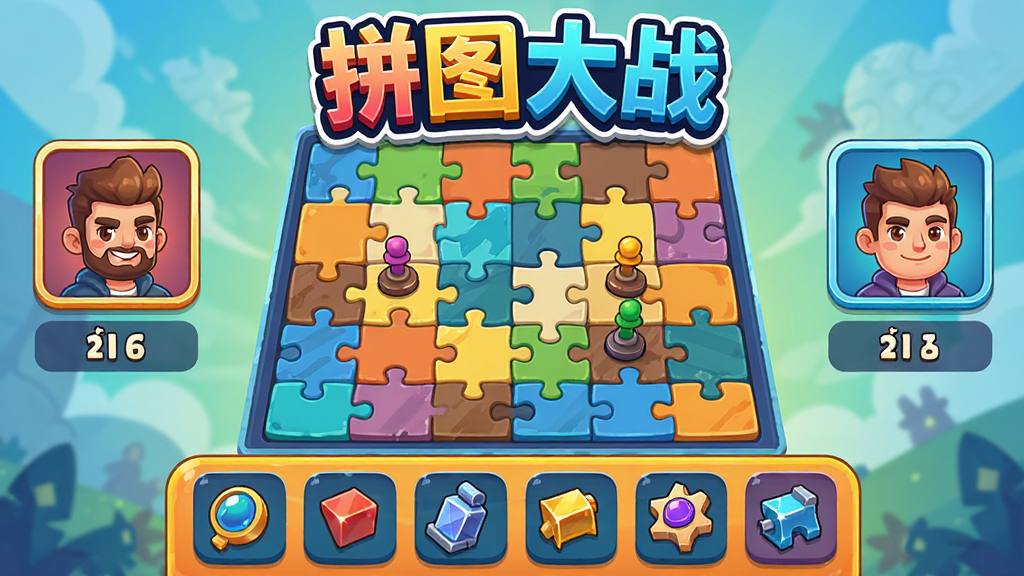 一幅色彩鲜艳的数字拼图大战游戏主界面,中央是正在进行的对战拼图棋盘,两侧有对手头像和分数,下方是道具栏,风格卡通明亮,画质干净无多余元素,主体突出“拼图大战”Logo