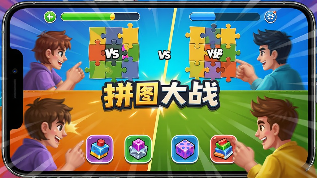 两个玩家在手机上进行拼图对战,屏幕分成上下两半,上方是拼图进度,下方有干扰道具图标,界面动感,风格活泼,画质清晰,突出“拼图大战”对战氛围
