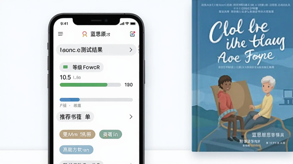 蓝思原版英语智能分级推荐界面,展示蓝思值测试结果和推荐书单,主体是手机屏幕和推荐书籍封面,布局简洁,风格清新,细节包括等级进度条和书籍标签,画质干净无多余元素