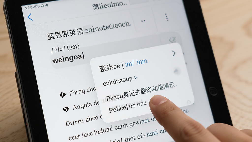 蓝思原版英语查词翻译功能演示,手指点击屏幕上的单词,弹出释义卡片,主体是电子书阅读界面,布局清晰,风格实用,细节包括音标和例句,画质干净无多余元素