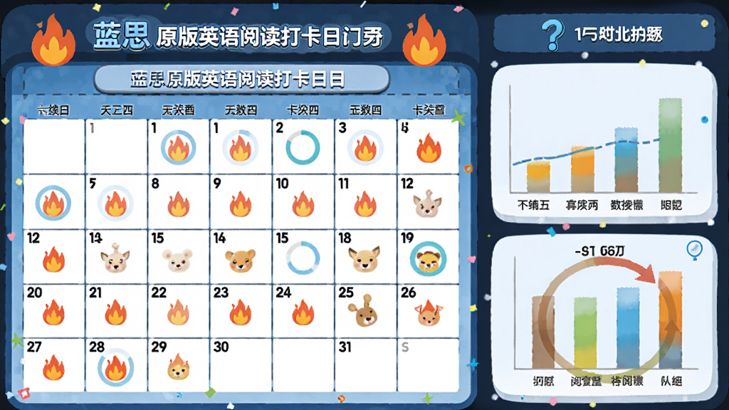 蓝思原版英语阅读打卡日历,展示连续打卡天数和阅读数据统计,主体是日历和图表,布局整齐,风格活泼,细节包括火焰图标和进度环,画质干净无多余元素