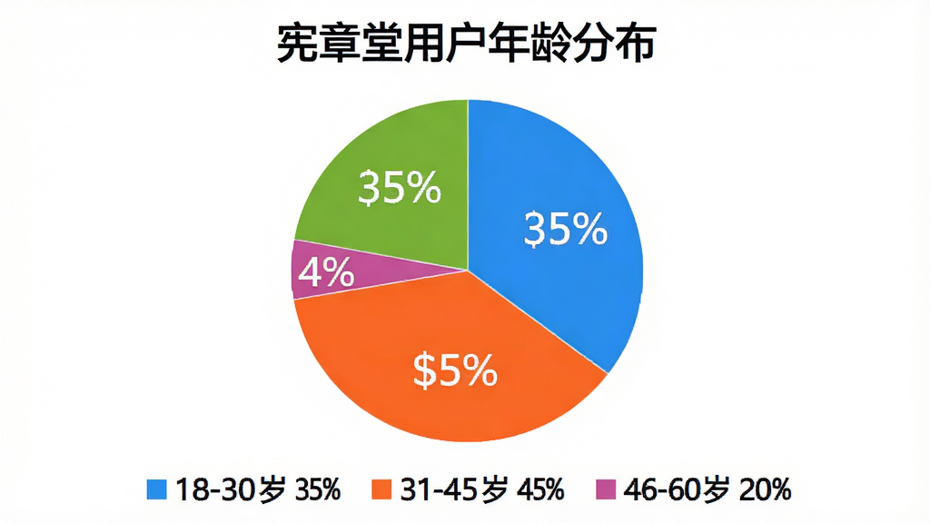 主体:一个饼状图,显示宪章堂用户年龄分布。布局:饼状图居中,下方有图例。排版:图例显示18-30岁占35%,31-45岁占45%,46-60岁占20%。风格:数据可视化风格,色彩鲜明。细节:百分比清晰,标题为“宪章堂用户年龄分布”。画质:干净,无多余元素。
