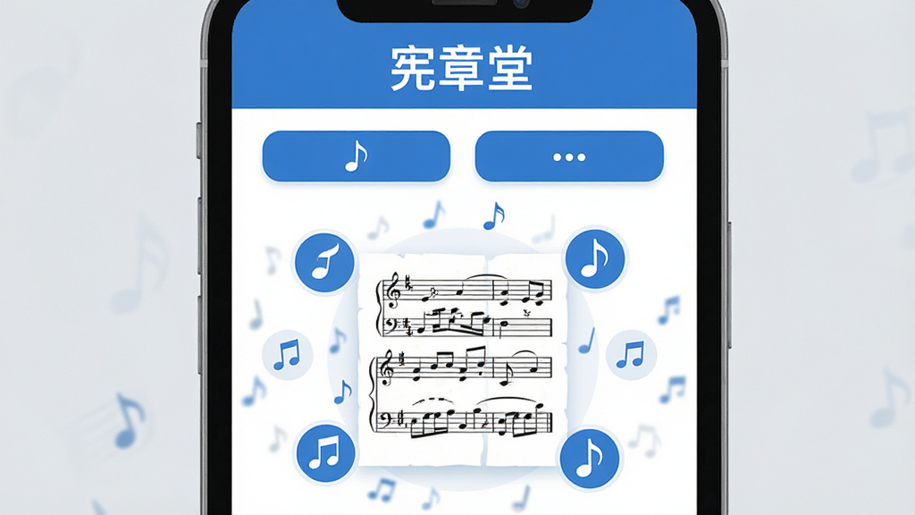 主体:手机屏幕显示宪章堂APP主界面,界面简洁,中央有一张乐谱,周围有音符图标。布局:手机居中,背景为浅灰色,突出APP界面。排版:界面顶部有“宪章堂”字样,下方为功能按钮。风格:扁平化设计,色彩以蓝白为主。细节:乐谱清晰,音符符号准确,界面无多余元素。画质:高清渲染,干净无噪点。